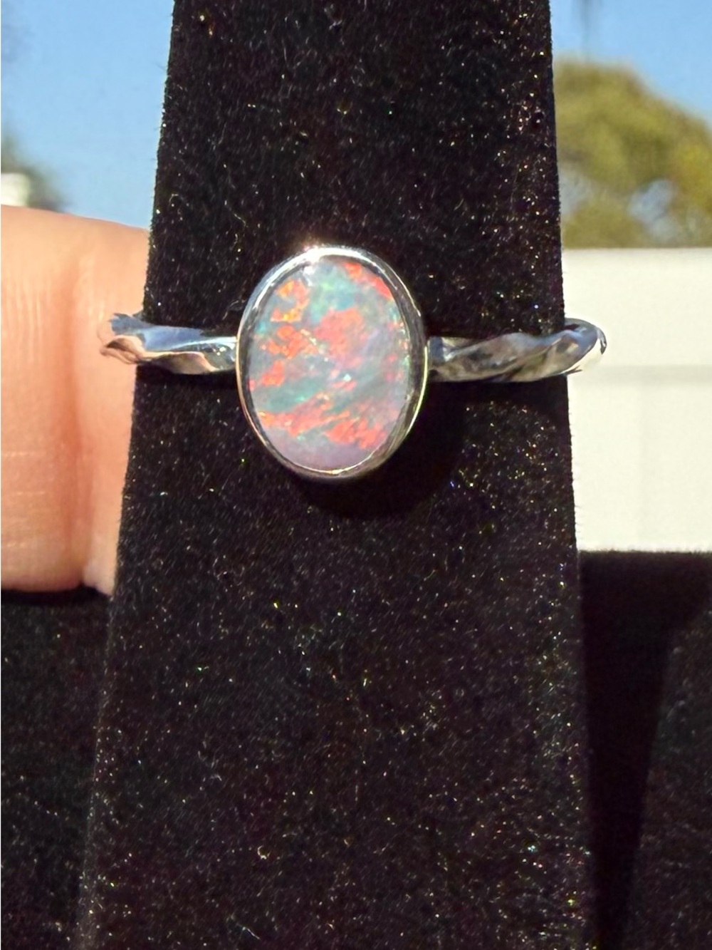 Sterling Silver Lightning Ridge Opal Oval Stackable Ring - Pink/Blue Fire